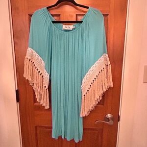 Va Va Voom Dress Turquoise With Fringe Sleeves Women’s XS
